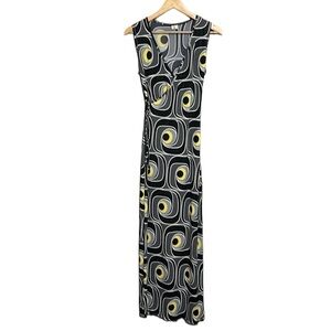 MORA Vintage Y2K Maxi Dress Abstract/Shimmer Print Black/Yellow Sleeveless Sz S